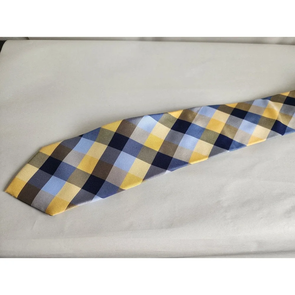 Tommy Hilfiger Mens Yellow Blue Navy Plaid 100% Silk Necktie Accessory